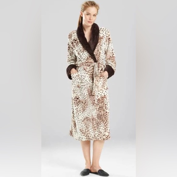 N Natori Brushed Fleece Shawl Collar Leopard Print Plush Robe - Small - Picture 1 of 7